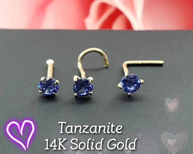 Tanzanite 14K Solid Gold 100% Real Gold ,  Nose Stud, Micro Nose, Screw Nose Stud, Ball end Or L-Shaped Choice of CZ or Natural Tanzanite