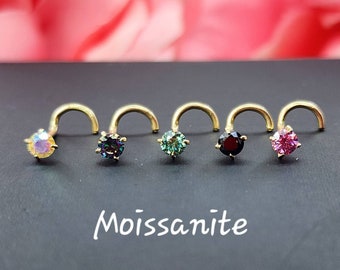 Moissanite 14K Solid Yellow Gold , Nose Stud Pass Diamond Tester Quality VVS1/DEF. 20 GA. Nose Ring Moissanite, Nose Stud, Nose Piercing.