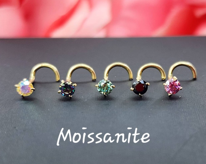 Moissanite 14K Solid Yellow Gold , Nose Stud Pass Diamond Tester Quality VVS1/DEF. 20 GA. Nose Ring Moissanite, Nose Stud, Nose Piercing.