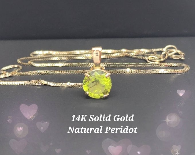 Natural Peridot Round Solitaire • 14K SOLID GOLD •  Pendant With 18" Inches Necklace • Available 2 Colors