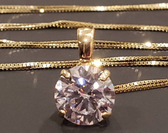 14K SOLID GOLD •  Round Solitaire Simulated Diamond • Pendant With 18" Inches Necklace • Available 2 Colors