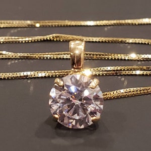14K SOLID GOLD •  Round Solitaire Simulated Diamond • Pendant With 18&quot; Inches Necklace • Available 2 Colors