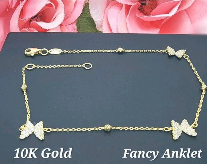 10K Real Yellow Gold •  Fancy Design 3 Butterflies High Quality  Ankle Bracelet Anklet •  9 +1 " Inches •