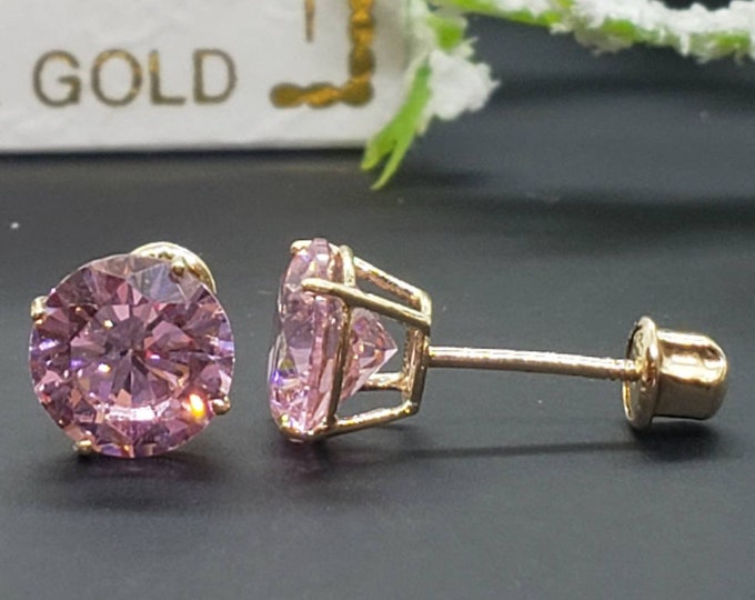 14K Solid Yellow Gold Pink Earring October Birthstone Colors Screw Backing Earring with 4 Prong Setting