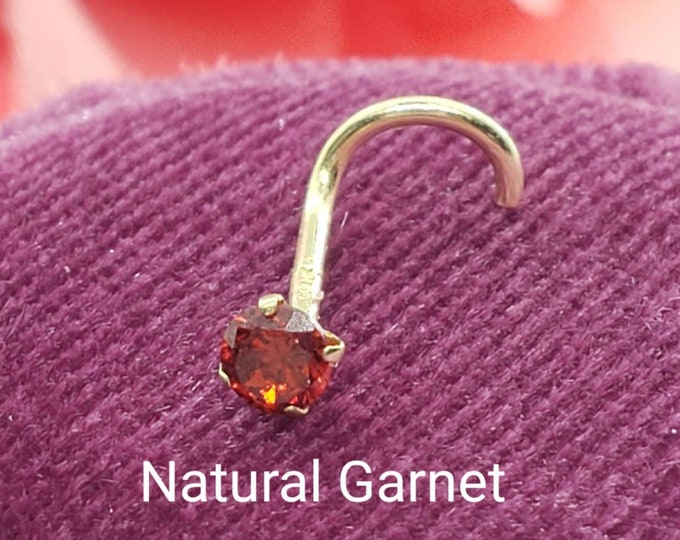 Genuine Real Garnet Nose Stud ,  14K Solid Gold in Twisted Crooked Screw, L-Shaped , Ball End Bar 22 GA 20 GA 18GA.