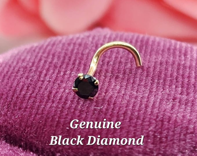 Genuine Real Black Diamond Nose Stud ,  14K Solid Gold in Twisted Crooked Screw, L-Shaped , Ball End Bar 22 GA 20 GA 18 GA.