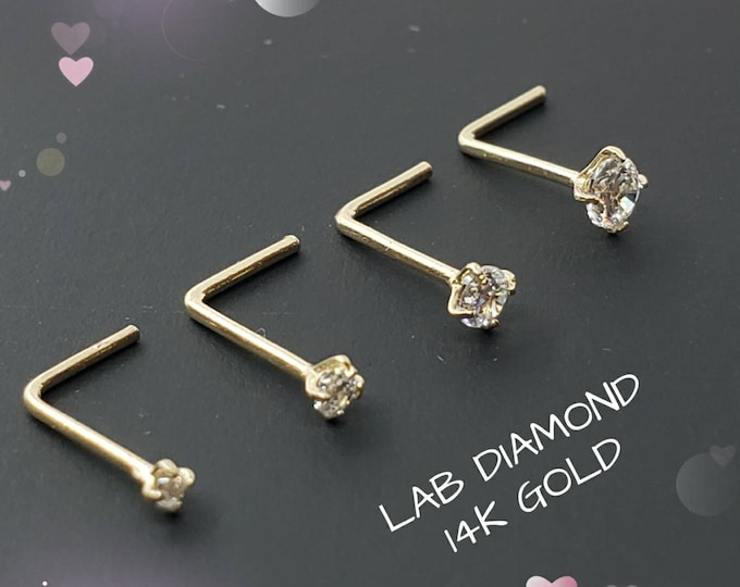 Genuine LAB Grown DIAMOND 14K Solid Real Gold 100% Real Gold , L-Shape Bar Nose Stud, LAB Grown Diamond Nose Stud, Screw Nose Stud 20GA"