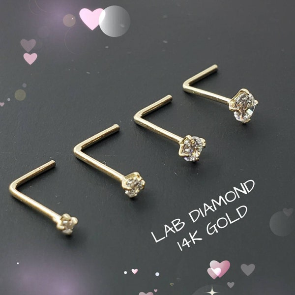 Genuine LAB Grown DIAMOND 14K Solid Real Gold 100% Real Gold , L-Shape Bar Nose Stud, LAB Grown Diamond Nose Stud, Screw Nose Stud 20GA"