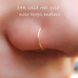 14K REAL Solid Gold Nose Ring, Snug Fitting Solid Gold Hoop, Nose Cartilage Tragus Helix, Dainty Endless Hoop, 20 GA 22GA 24 GA