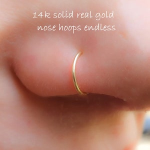 14K REAL Solid Gold Nose Ring, Snug Fitting Solid Gold Hoop, Nose Cartilage Tragus Helix, Dainty Endless Hoop, 20 GA 22GA 24 GA