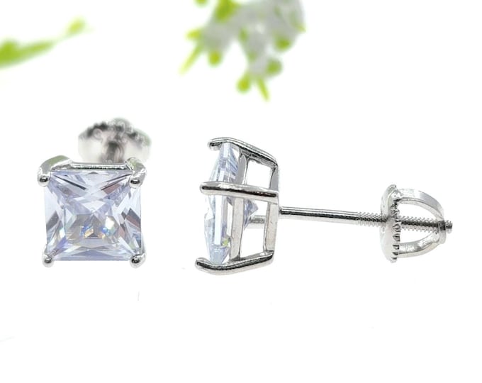Solid 925 Sterling Silver 3 mm-8mm Square Princess with CZ Diamont cut Screw Backing