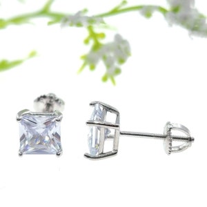 Solid 925 Sterling Silver 3 mm-8mm Square Princess with CZ Diamont cut Screw Backing