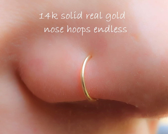 14K REAL Solid Gold Nose Ring, Snug Fitting Solid Gold Hoop, Nose Cartilage Tragus Helix, Dainty Endless Hoop, 20 GA 22GA 24 GA