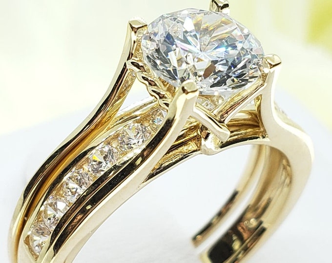 2.75 Ct 14K Real Gold Trellis Round Engagement Promise 2 Ring Matching Band