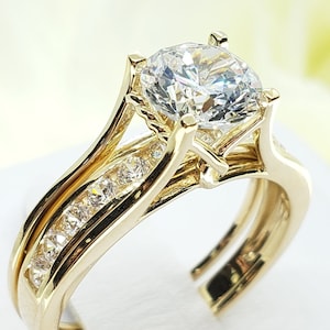 2.75 Ct 14K Real Gold Trellis Round Engagement Promise 2 Ring Matching Band