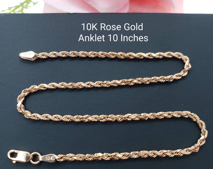 10K Rose Gold Italian 1.50mm 2.00 mm  2.50 mmm Rope Chain Link Anklet 10 " inches