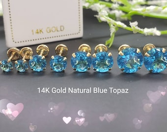Genuine Real Natural Blue Topaz • 3.00 - 6.00 mm • Screw Back •  14K GOLD •  Light Setting Prong • December Birthstone  Earrings •