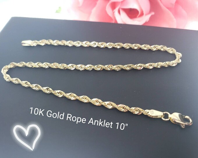 Anklet 10K Real Yellow Gold • 2.50mm 3.00 mm Thickness  Rope  High Quality Anklet • 10" Inches •