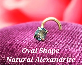 0.20 Ct Oval 3x4 mm  Genuine Real Alexandrite Nose Stud ,  14K Solid Gold in Twisted Crooked Screw, L-Shaped , Ball End Bar 20 GA.