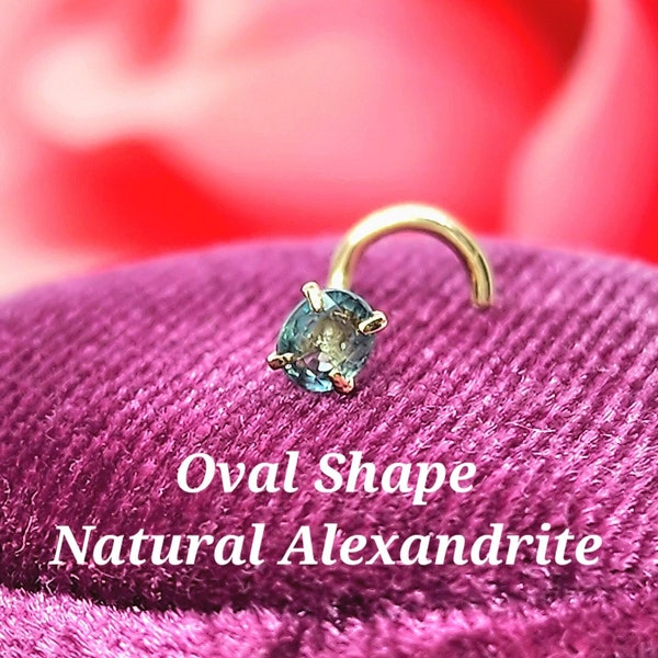 0.20 Ct Oval 3x4 mm  Genuine Real Alexandrite Nose Stud ,  14K Solid Gold in Twisted Crooked Screw, L-Shaped , Ball End Bar 20 GA.