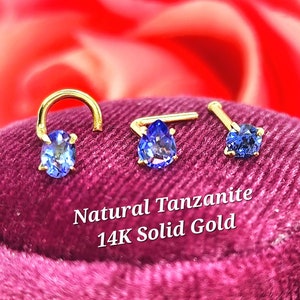 Natural Tanzanite 14K Solid Yellow Gold ,  Nose Stud, Twist Micro Nose, Screw Nose Stud, Ball end Or L-Shaped Natural Tanzanite 20 Gauge.