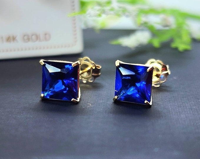 14K Solid Gold Princess Square Cut Blue Sapphire CZ's Birthstone Colors Butterfly Push Backing Earring with 4 Prong Setting
