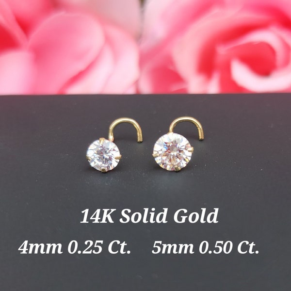 NEW !!! 4mm 5mm Large NOSE Stud 14K Solid gold 20 Gauge with 4 prongs Nostril Piercing Select ends and Gemstone Available.