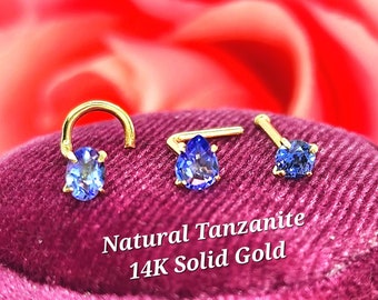 Natural Tanzanite 14K Solid Yellow Gold ,  Nose Stud, Twist Micro Nose, Screw Nose Stud, Ball end Or L-Shaped Natural Tanzanite 20 Gauge.