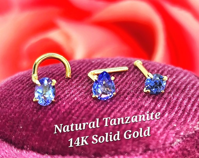 Natural Tanzanite 14K Solid Yellow Gold ,  Nose Stud, Twist Micro Nose, Screw Nose Stud, Ball end Or L-Shaped Natural Tanzanite 20 Gauge.