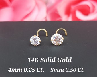 NEW !!! 4mm 5mm Large NOSE Stud 14K Solid gold 20 Gauge with 4 prongs Nostril Piercing Select ends and Gemstone Available.