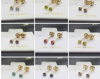 Minimalist 2.00 mm 14K Echt Gelbgold 12 verschiedene Farbe CZ's mit Baby Screw Backing.