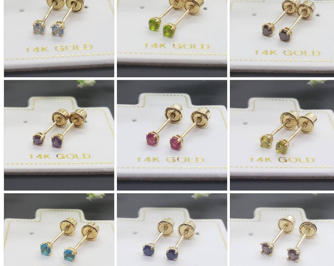 Minimalist 2.00 mm 14K Real Yellow Gold 12 different color cz's with Baby Screw Backing.