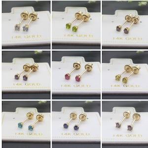 Minimalist 2.00 mm 14K Real Yellow Gold 12 different color cz's with Baby Screw Backing.