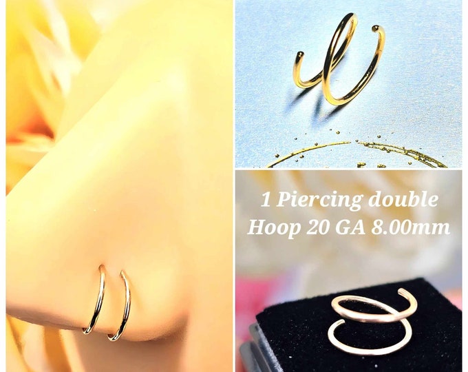14K Solid Gold Nose Ring, Snug Fitting Solid Rose Gold Hoop, Double hoop Nose ring 20Gauge with inner 8mm Diameter.