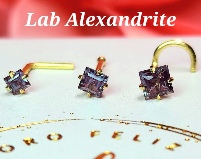 Princess Cut LAB Alexandrite 14K Solid Real Gold , LAB Alexandrite Nose Stud, Bone Ball End Nose Stud 20GA" 2.00 mm -3.50 mm