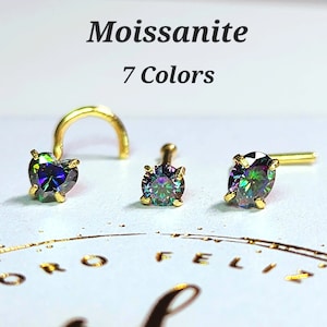 Moissanite 7 Farben 14K festes Gelbgold, 20 GA Mikronase, Schraubnasenstecker, Kugelende oder L-förmiges 20 GA, bestandener Diamanttester.
