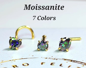 Moissanite 7 Colors 14K Solid Yellow Gold ,20 GA  Micro Nose, Screw Nose Stud, Ball end Or L-Shaped 20 GA, Pass Diamond tester.