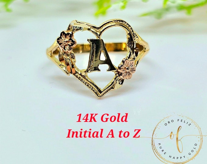 14K Real Yellow Gold  Heart 3C Initial Rings, initial A - Z, Graduation, Birthday, Gift, Girl Ring 2024 Real Gold 14K Not Plated.