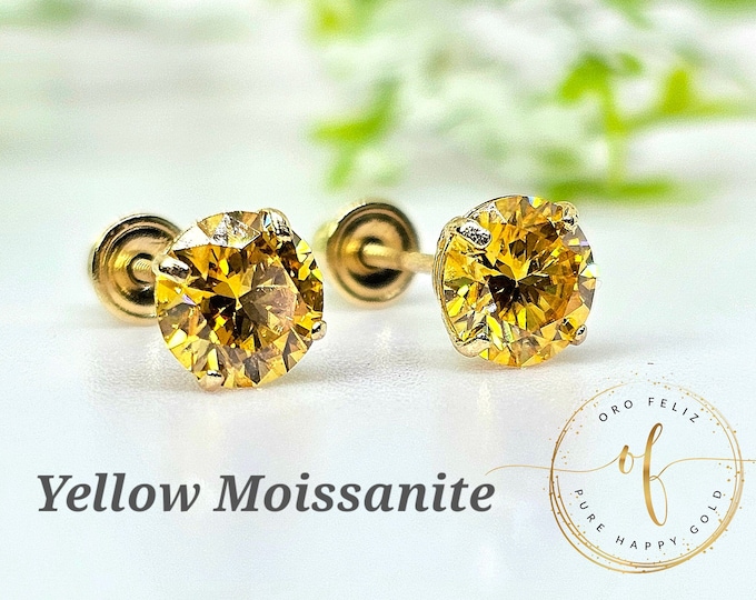 Moissanite Yellow 14K Solid Gold Low Basket Thin Post Light Weight Gold Screw Backing can be worn sleeping Round, Pass Diamond tester.