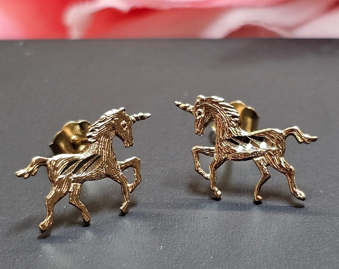 14K Solid Gold • Unicorn  • Push Backs • Diamond Cut Flat Earrings • Girls / Kids Earrings 9mmx13mm 20 Gauge.
