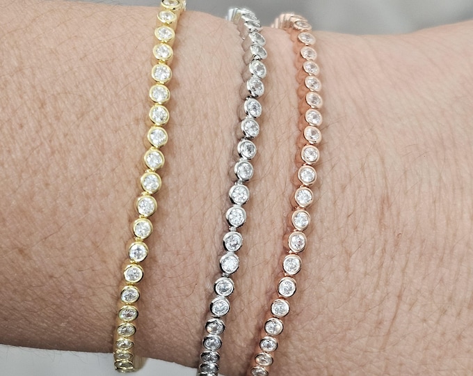 Tennis Bracelet Solitaire Bezel Round Cut 925 Solid Silver For women's men's wedding Bridal Gift Birthday sold 1 piece of bracelet.