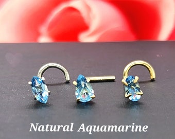 Natural Aquamarine 14K Solid Yellow Gold , L-Shape Bar Nose Stud, Aquamarine Nose Stud,  Micro Nose, Screw Nose Stud, 20GA