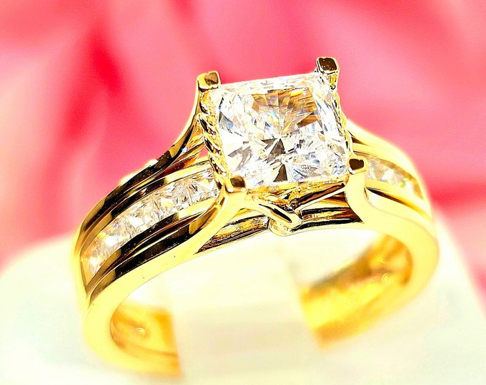 14K Solid Gold 2.75 Ct Trellis engagement ring wedding 2 rings set band Promise princess Square Cut Gemstone.