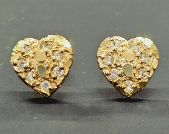 10K Solid Gold • NUGGET Heart Earrings CZ Diamond Cut • Push Backing •  1 Pair