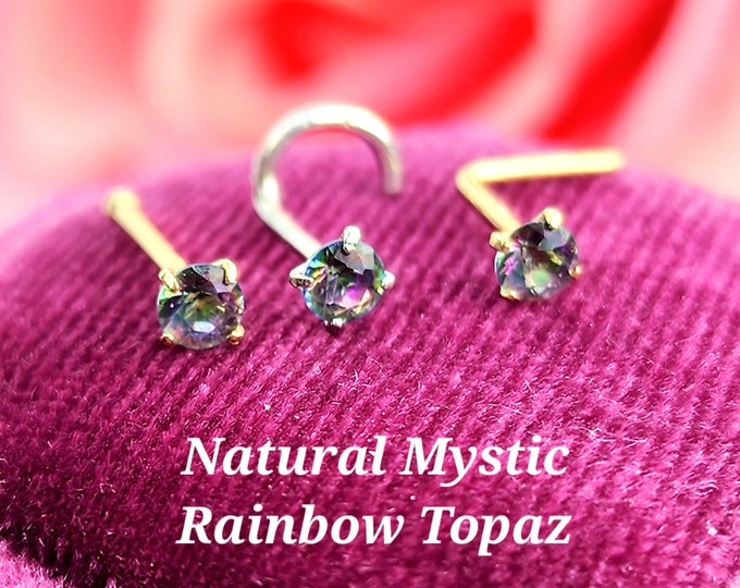 3mm Natural Mystic Rainbow Topaz  14K Solid Yellow Gold ,20 GA  Micro Nose, Screw Nose Stud, Ball end Or L-Shaped