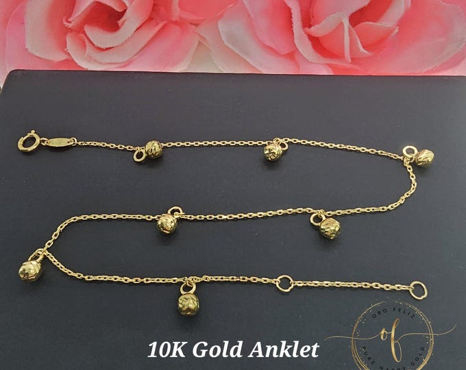 10K Real Yellow Gold •  Dangle Ball Diamond Cut •  Real Gold  High Quality  Ankle Bracelet Anklet •  9 +1 " Inches •