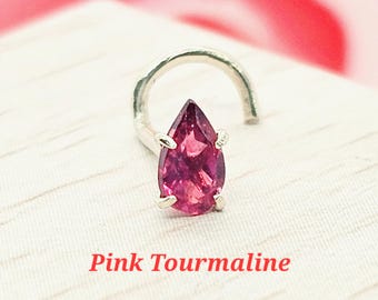 Pear Shape Genuine Real Pink Tourmaline Nose Stud ,  14K Solid Gold in Twisted Crooked Screw, L-Shaped , Ball End Bar 20 Gauge