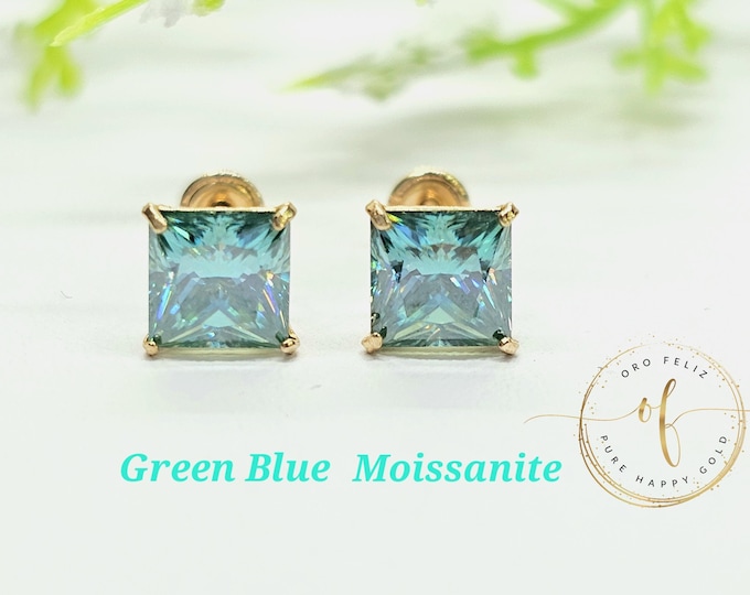 Square Princess Cut Moissanite Blue Green 14K Solid Gold Low Basket Thin Post Light Weight Gold Screw Backing can be worn sleeping Round