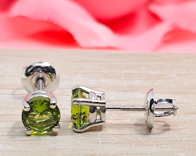 Green Peridot  1.00 Ctw - 4.00 Ctw • Brilliant Cut • Solitaire •14K Solid White or Yellow Gold Earring  • With Secure Backing