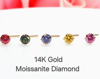Moissanite 14K Solid Gold , Nose Stud Pass Diamond Tester Quality VVS1/DEF. 20 GA. Nose Ring colored Moissanite, Nose Stud, Nose Piercing.